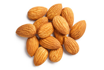 Delicious almonds, isolated on white background, view from above