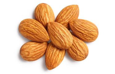 Delicious almonds, isolated on white background, view from above