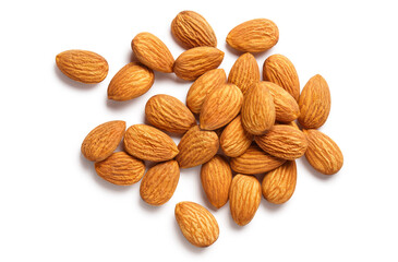 Delicious almonds, isolated on white background, view from above