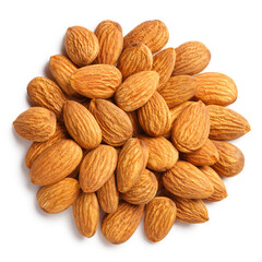 Delicious almonds, isolated on white background, view from above