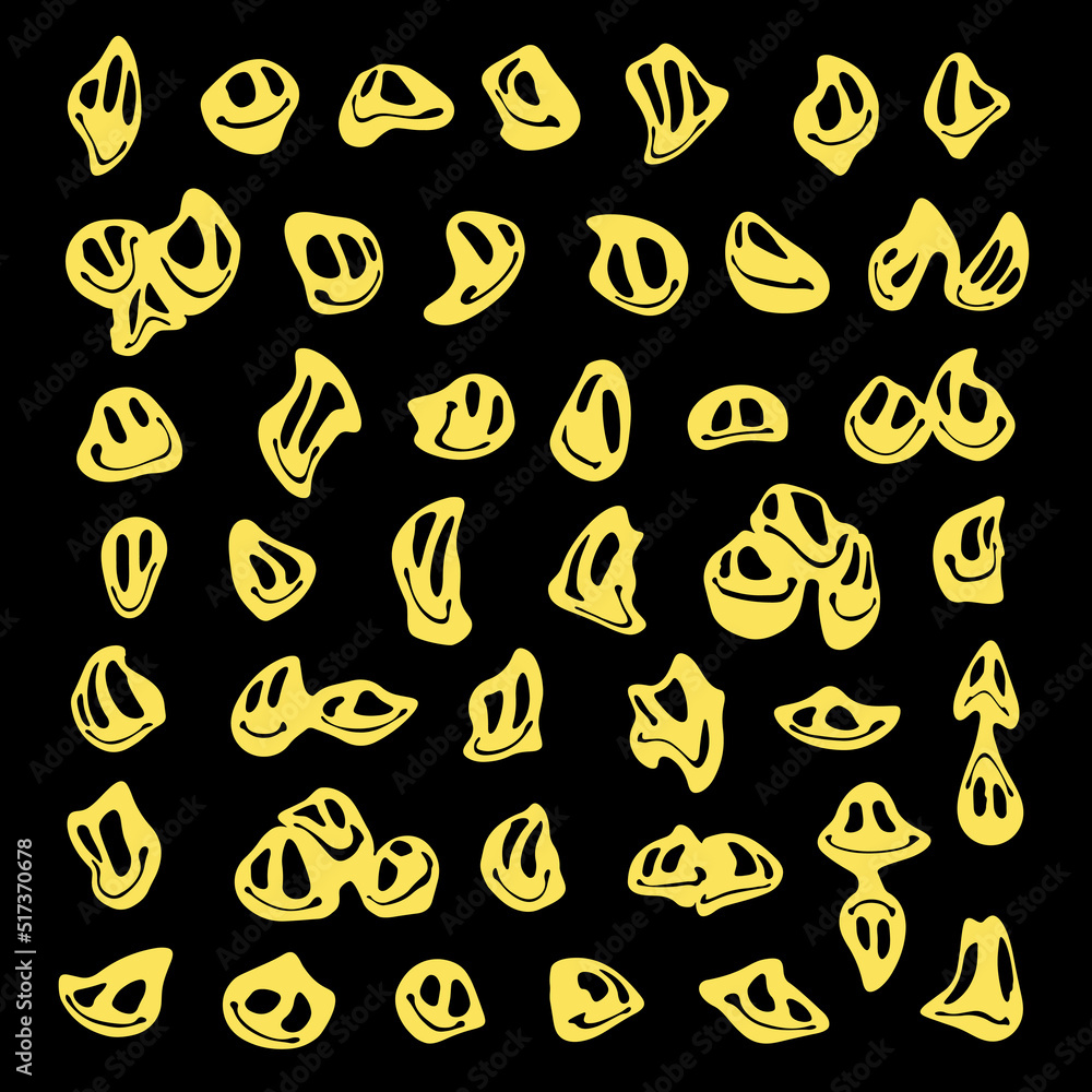 Poster set of various melting smiling faces in retro groovy psychedelic style.