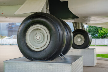 Aircraft landing gear, huge airplane wheels on display