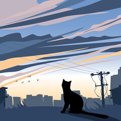 City landscape and cute cat vector background.