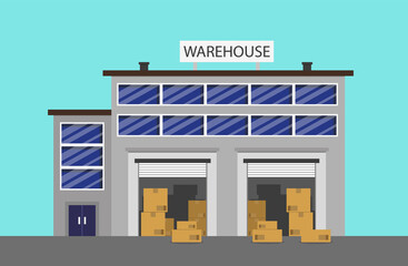 Warehouse building, logical center against the backdrop of the city. With cargo and transport.