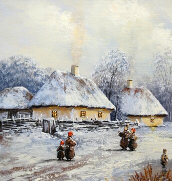 Oil paintings rural landscape with a house, country house in winter, old house in the snow, old village. Fine art, artwork