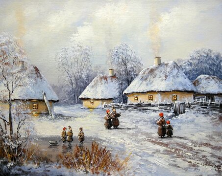 Oil paintings rural landscape with a house, country house in winter, old house in the snow, old village. Fine art, artwork