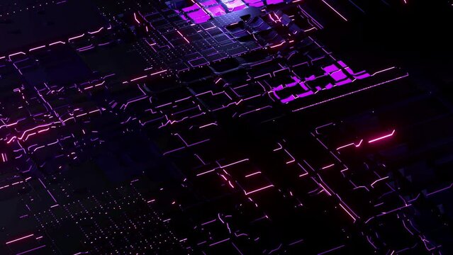 Purple printed circuit board with electrons html code flying into the future.