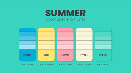 Summer theme color palettes or color schemes are trends combinations and palette guides this year, a table color shades in RGB or HEX. A color swatch for a spring fashion, home, or interior design.