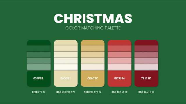 Christmas theme color palettes or color schemes are trends combinations and palette guides this year, a table color shades in RGB or HEX. A color swatch for a spring fashion, home, or interior design.