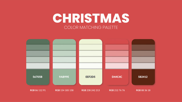 Christmas theme color palettes or color schemes are trends combinations and palette guides this year, a table color shades in RGB or HEX. A color swatch for a spring fashion, home, or interior design.