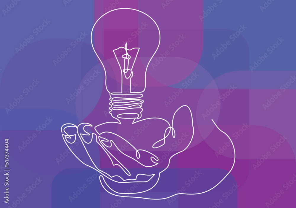 Poster continuous one line drawing idea and creativity symbol with lamp and hand