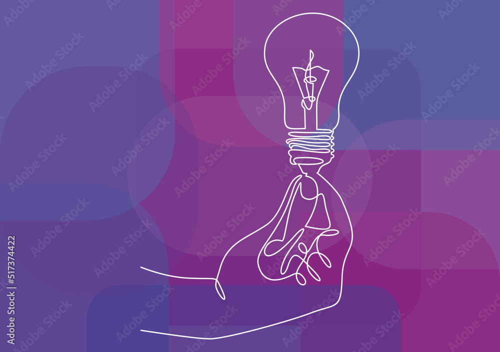 Poster continuous one line drawing idea and creativity symbol with lamp and hand