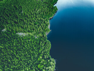 Aerial view of a blue lake with a rocky shore and green forests in Finland