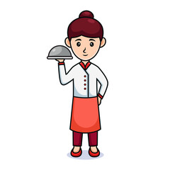 cartoon girl. Friendly beautiful women in waiters uniform, holding a food
