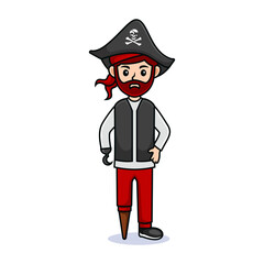 cartoon guy with hat. Friendly handsome man in pirate clothes with prosthetic hands and feet
