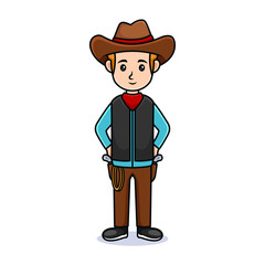 cartoon guy with hat. Friendly handsome man in cowboy clothes, Isolated on white.