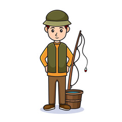 cartoon man with hat. Friendly handsome man in angler outfit with fishing equipment