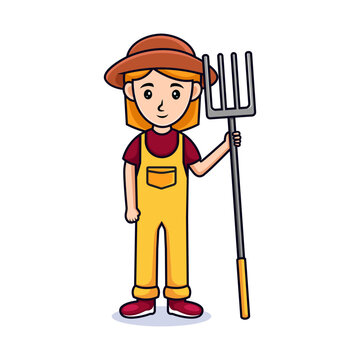 cartoon women with hat. Friendly beautiful women in farmers clothes, holding straw rake