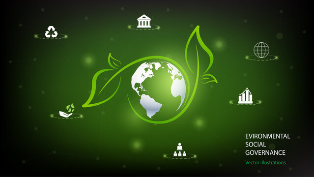 World sustainable environment concept design.Green earth for Environment Social and Governance ESG. Solving environmental, social and management problems with figure icons.