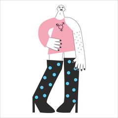 Transgender mtf person with trans symbols and colors. Genderqueer and crossdressers rights concept. LGBTQ+ equality vector flat isolated illustration. Social transition.