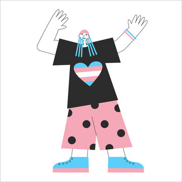 Transgender mtf or ftm person with trans symbols and colors. Genderqueer and crossdressers rights concept. LGBTQ+ equality vector flat isolated illustration. Social transition.