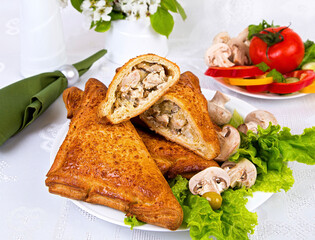 puff pastries stuffed with chicken meat, on a white dish with vegetables on a light background