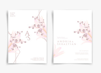 Pink wedding card or invitation card with pink flower and leaf theme front side and back side. Nature wedding card. Nature cover. Wedding card template.