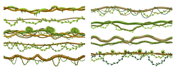 Lianas stems border set. Rainforest green vines or twisted plant hanging on branch. Cartoon jungle creeper branches, leaves and moss on tree. Vector isolated game scenery elements - obrazy, fototapety, plakaty