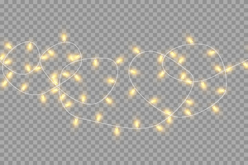 Christmas lights isolated on transparent background. Set of golden Christmas glowing garlands. Vector illustration