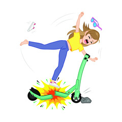 Young woman crashing an e-scooter and falling hard to the ground. Accident with injury on electric scooter. Vector illustration.