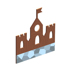 Wooden kid toy. Ecological figure of device for children. Ancient castle. Retro cartoon design playing tool for baby. No plastic