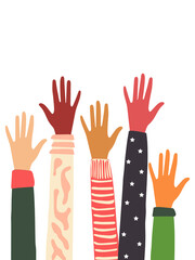 The hands of people with different skin colors, different nationalities and religions in the fight for equality. A group of volunteers. Vector.