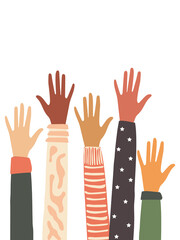 Obraz premium The hands of people with different skin colors, different nationalities and religions in the fight for equality. A group of volunteers. 