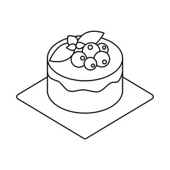 Cupcake line art. Vector cake in isometric. Delicious dessert with berries and melissa leaf. Isolated illustration. Editable srtoke