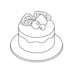 Muffin line illustration. Vector cake in isometric. Dessert with berries and melissa leaf. Isolated illustration. Editable srtoke