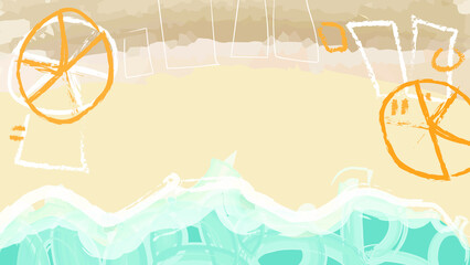 Artistic hand drown beach background with water, umbrellas and beach chairs. Top view. Vector illustration.