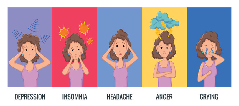 Women stress symptoms. Emotional or mental health problems, stress - hysterics insomnia headache depression, anger