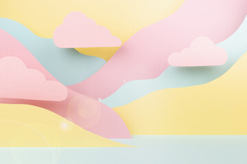 Fantasy cartoon landscape - abstract scene mockup with paper pink clouds, mountains in yellow, mint...