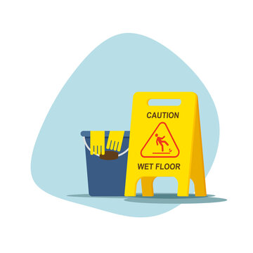 Wet floor sign and bucket with yellow rubber gloves. Vector illustration isolated on white background.