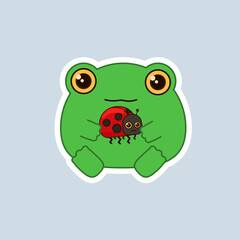 Cute frog with ladybug, sticker on a gray background. Children's vector illustration