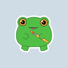 Cute frog with a tassel, sticker on a gray background. Children's vector illustration