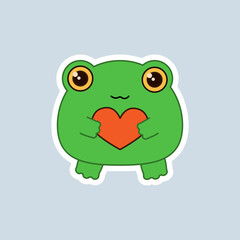 Cute frog with a heart, sticker on a gray background. Children's vector illustration