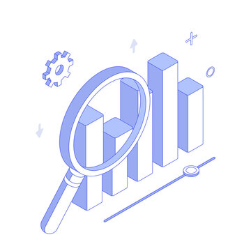 recommend clip art: Money, chart, graph, diagram, presentation, spreadsheet, economy, finance, technology. Isometric vector illustration flat design isolated. Outline, linear style, line art, editable stroke.