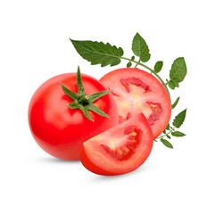 Fresh tomatoes with leaves isolated on white background