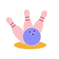 Flat icon with pins and bowling ball in red blue and yellow.