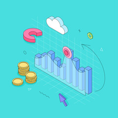 Money, chart, graph, diagram, presentatnion, spreadsheet, economy, finance, technology.Isometric vector illustration flat design isolated. Outline, linear style, line art, editable stroke.