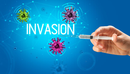 Syringe, medical injection in hand, coronavirus vaccine concept