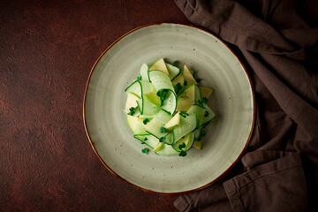 Spring, green salad, cucumber with apple, top view, close-up, no people, microselen radish, healthy...