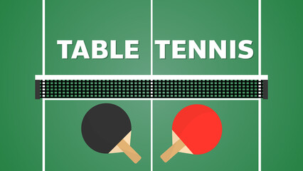 Red and black ping pong bats and orange ping pong balls on green table  ,Vector illustration EPS 10