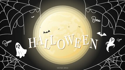 Halloween with big moon and spider wed  in Halloween on black background day for content online or web, banner and template , Flat cartoon flat style. illustration Vector EPS 10